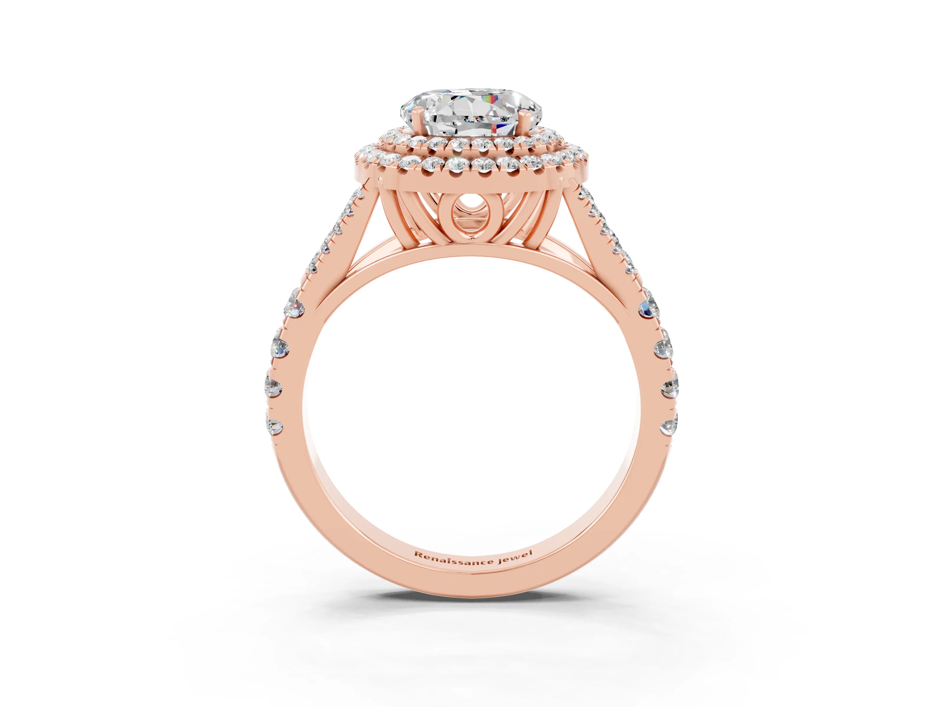 Rose gold Double Halo Round Cut Moissanite Split Shank Engagement Ring with Four-Prong Setting_3
