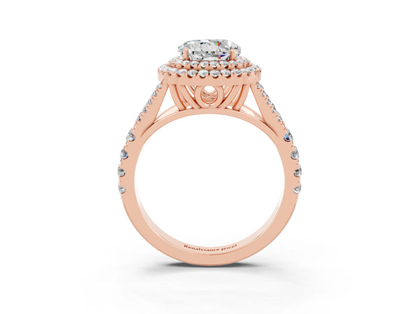 Rose gold Double Halo Round Cut Moissanite Split Shank Engagement Ring with Four-Prong Setting