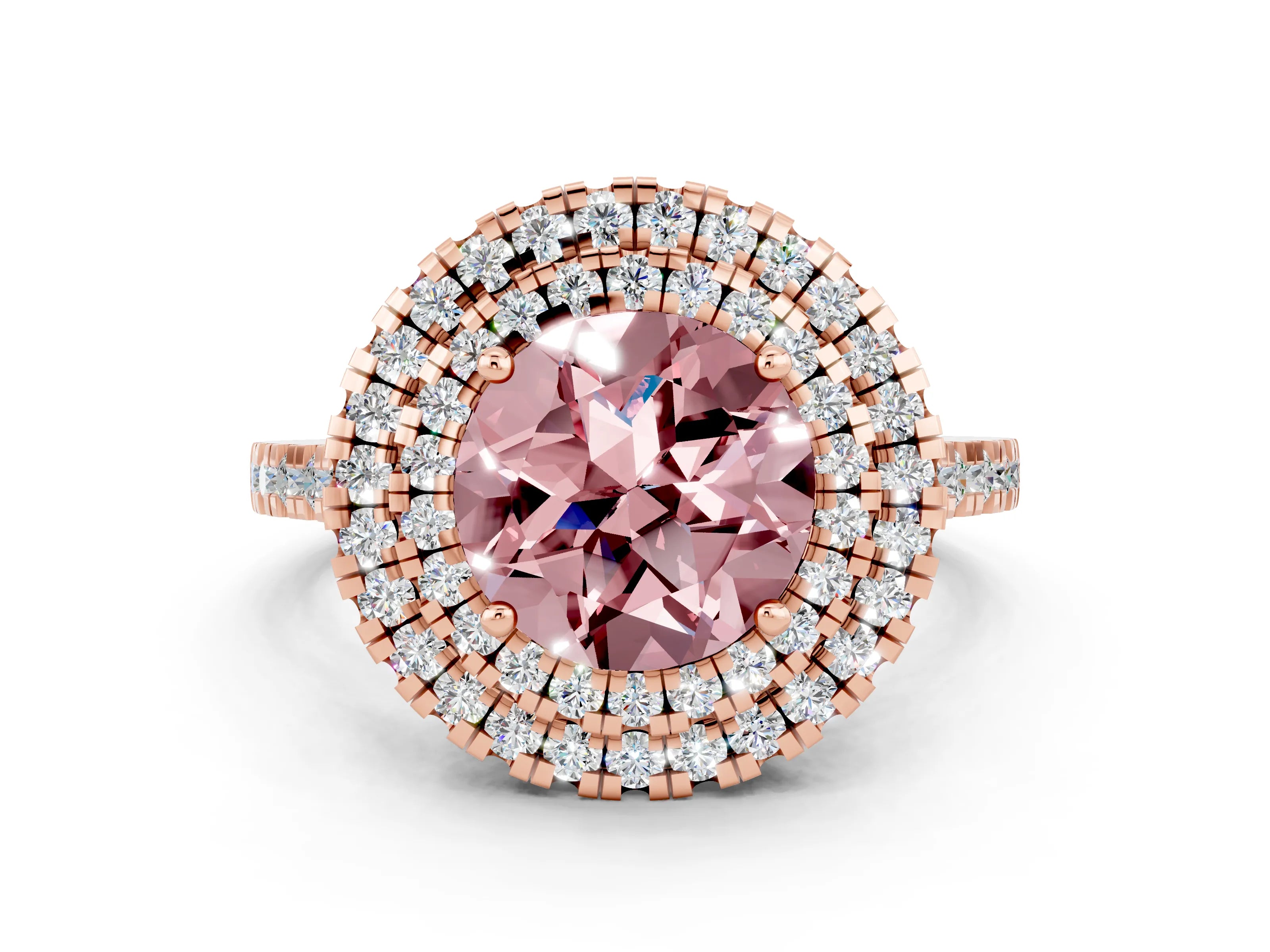 Rose gold Double Halo Round Cut Morganite Pavé Band with Four-Prong Setting