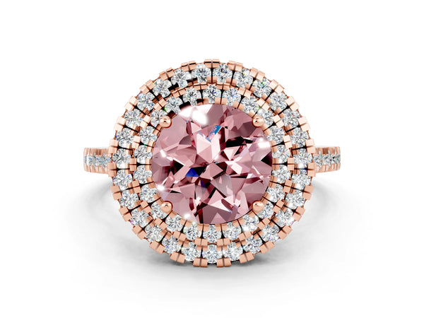 Rose gold Double Halo Round Cut Morganite Pavé Band with Four-Prong Setting