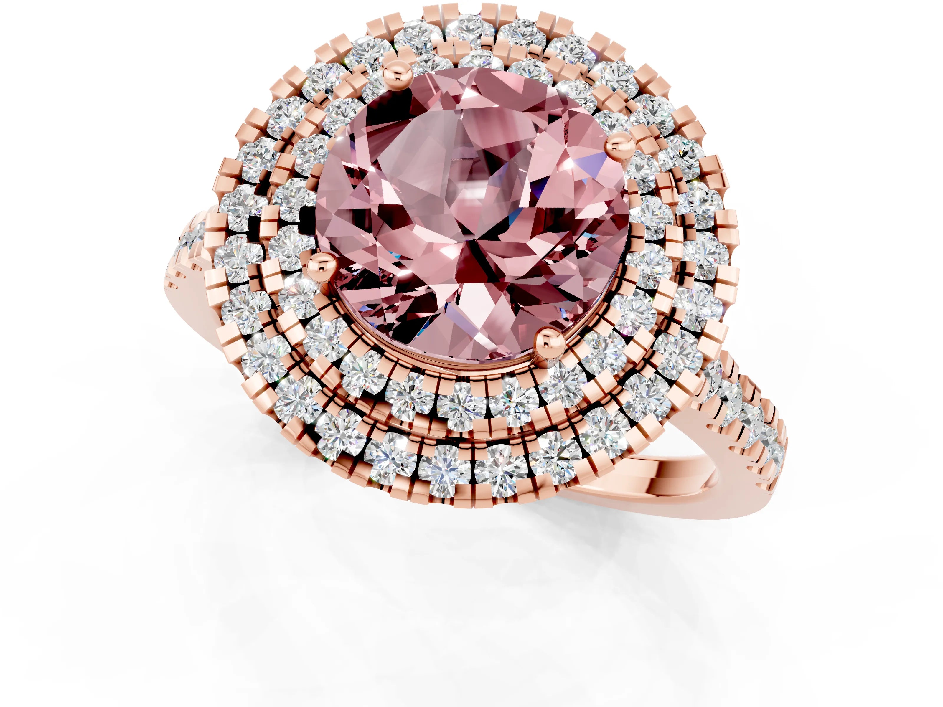 Rose gold Double Halo Round Cut Morganite Pavé Band with Four-Prong Setting_1