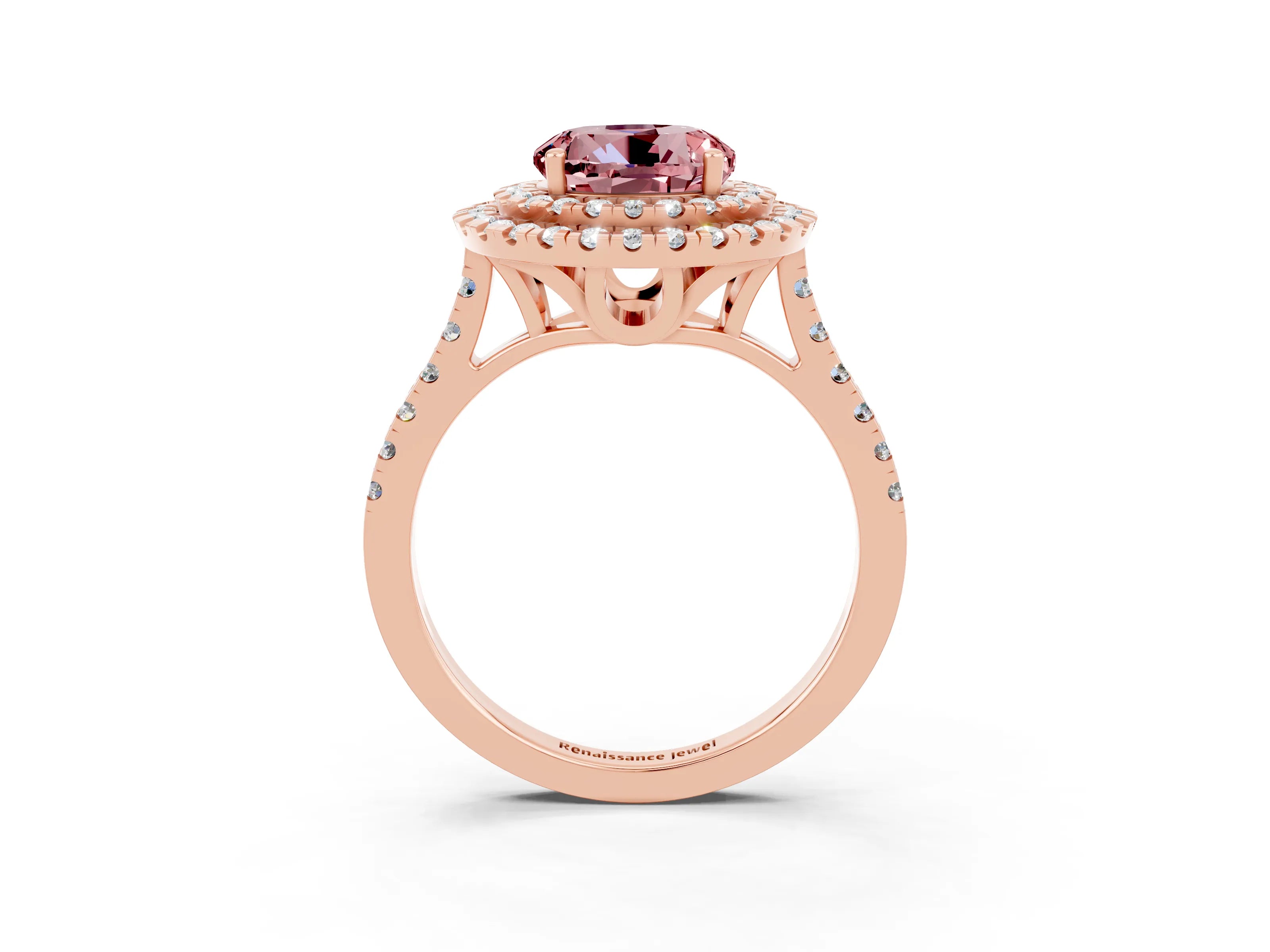 Rose gold Double Halo Round Cut Morganite Pavé Band with Four-Prong Setting_3
