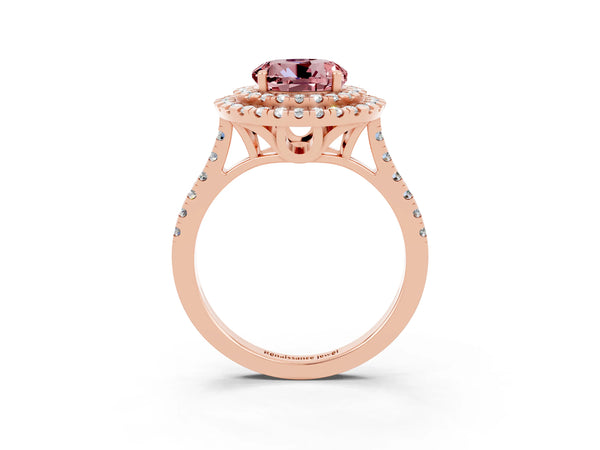 Rose gold Double Halo Round Cut Morganite Pavé Band with Four-Prong Setting