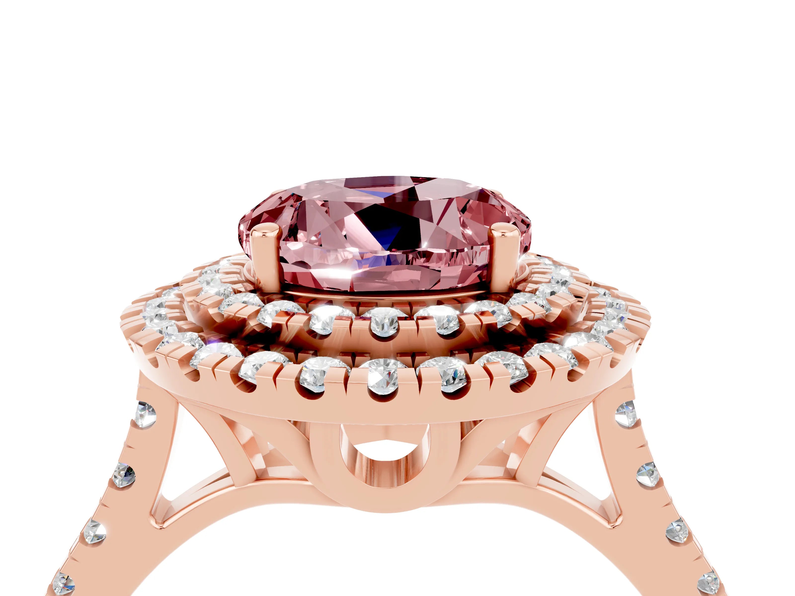 Rose gold Double Halo Round Cut Morganite Pavé Band with Four-Prong Setting_4