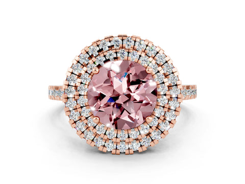 Rose gold Double Halo Round Cut Morganite Pavé Band with Four-Prong Setting
