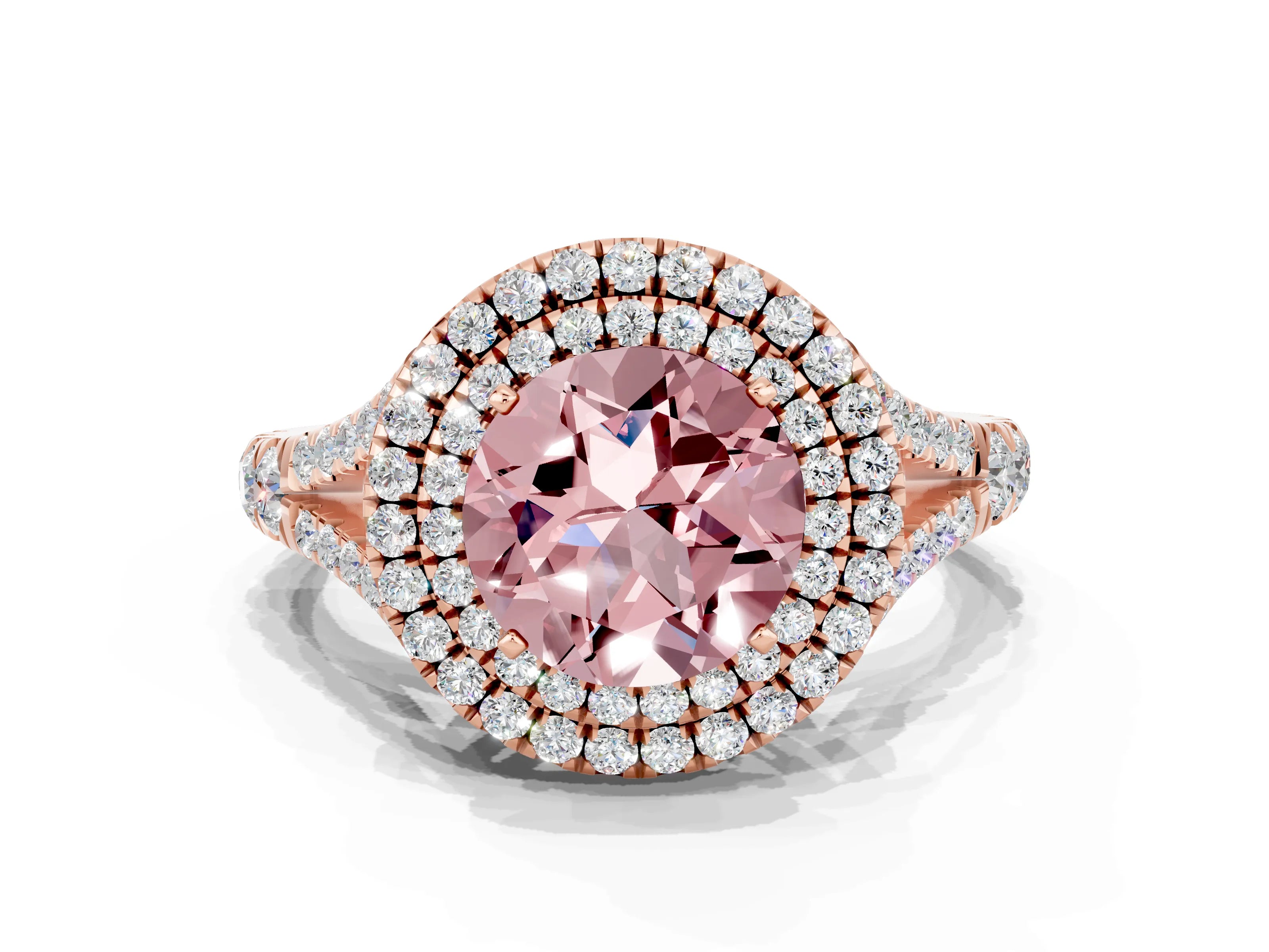 Rose gold Double Halo Round Cut Morganite Pavé Split Shank Ring with Prong Setting