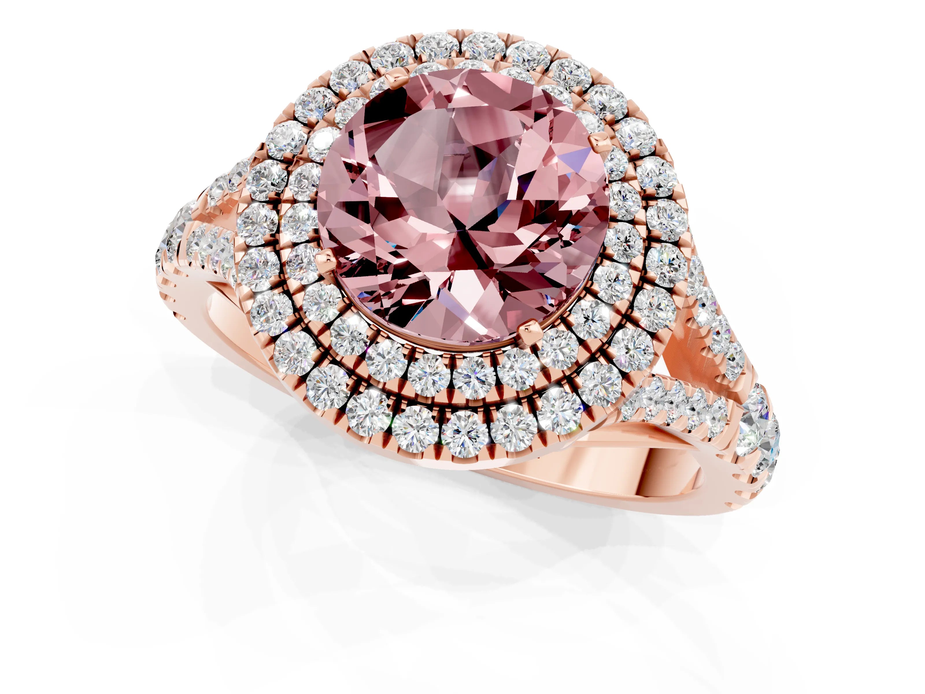 Rose gold Double Halo Round Cut Morganite Pavé Split Shank Ring with Prong Setting_1