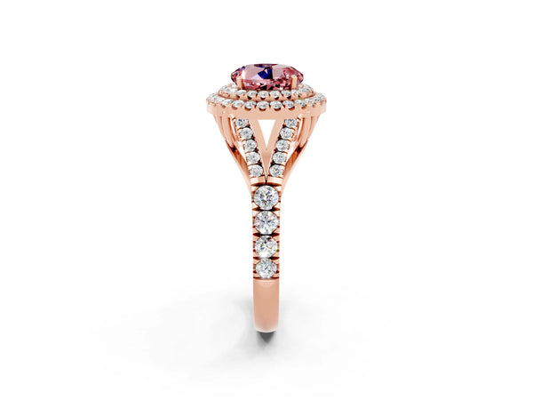 Rose gold Double Halo Round Cut Morganite Pavé Split Shank Ring with Prong Setting