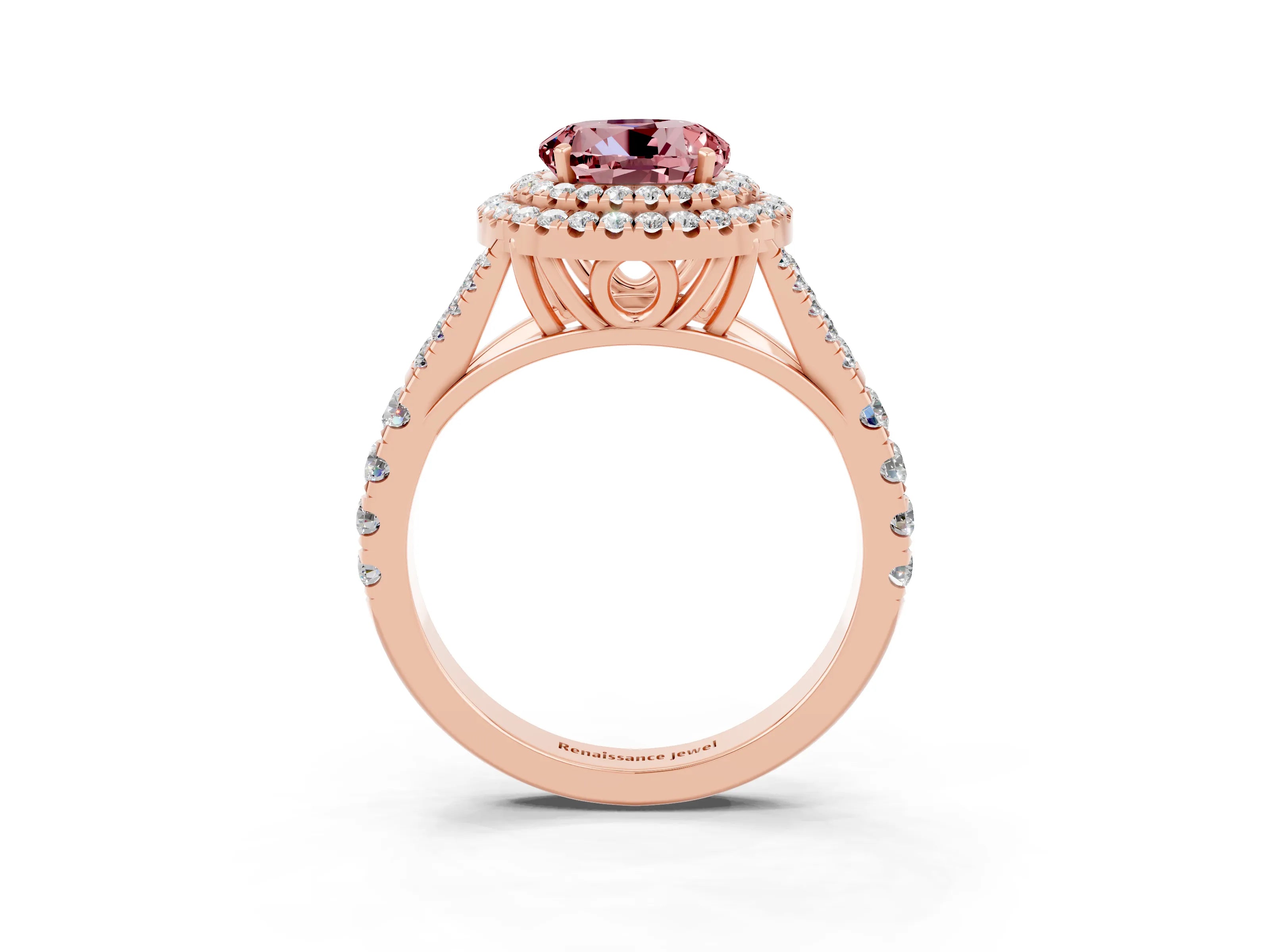Rose gold Double Halo Round Cut Morganite Pavé Split Shank Ring with Prong Setting_3