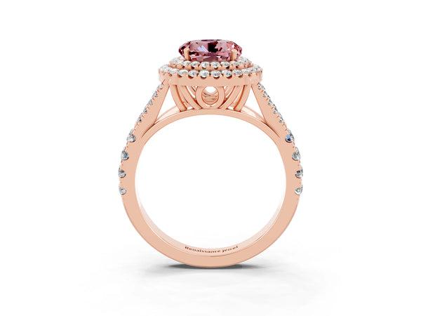 Rose gold Double Halo Round Cut Morganite Pavé Split Shank Ring with Prong Setting