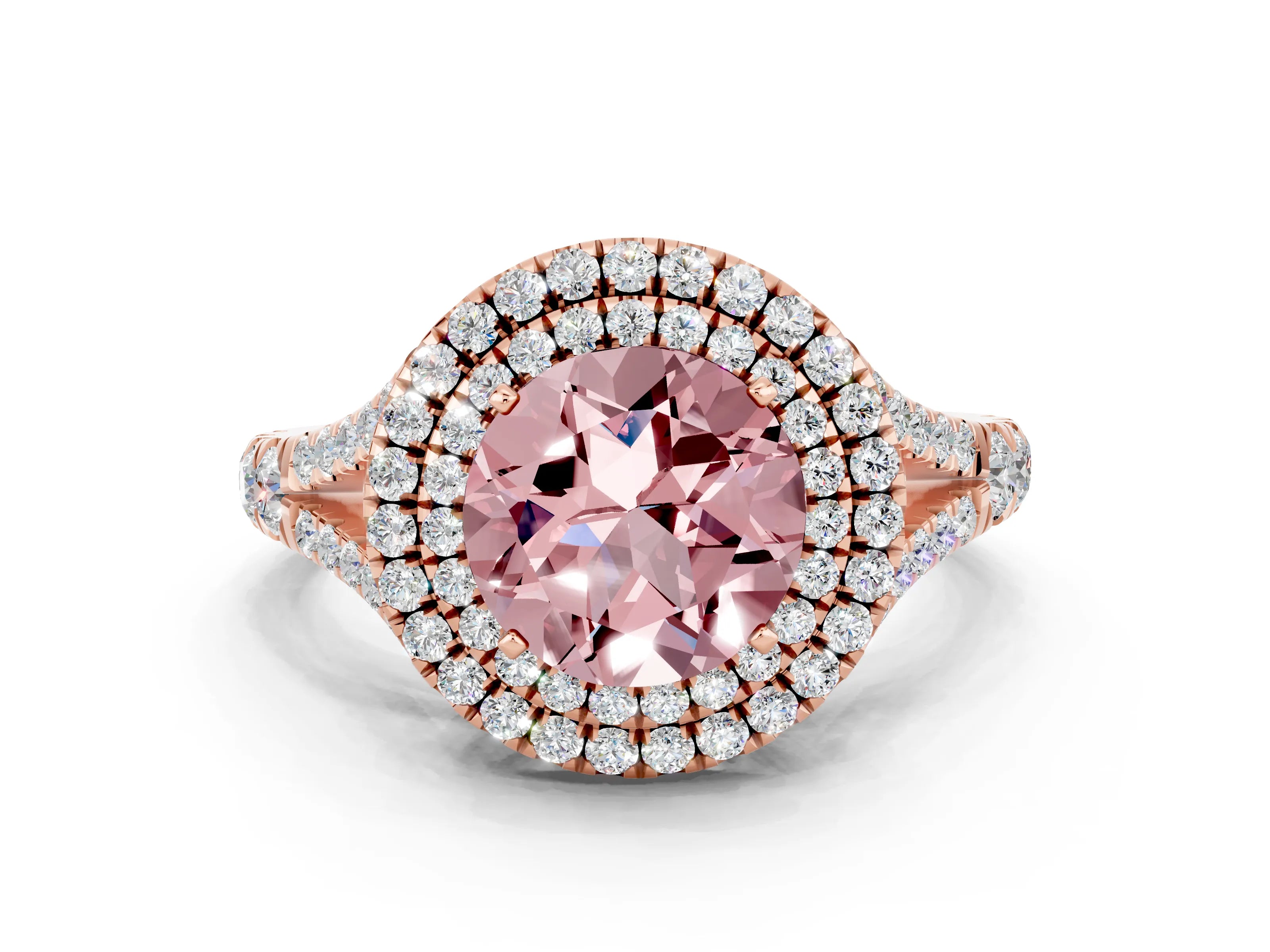 Rose gold Double Halo Round Cut Morganite Split Shank Engagement Ring with Four-Prong Setting