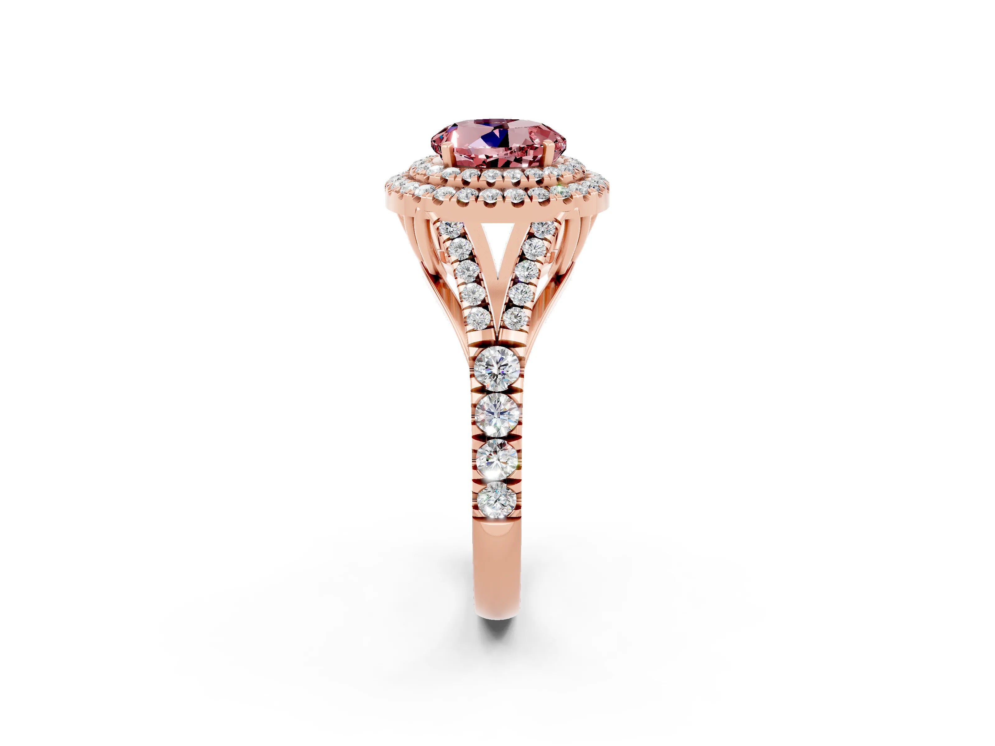Rose gold Double Halo Round Cut Morganite Split Shank Engagement Ring with Four-Prong Setting_2