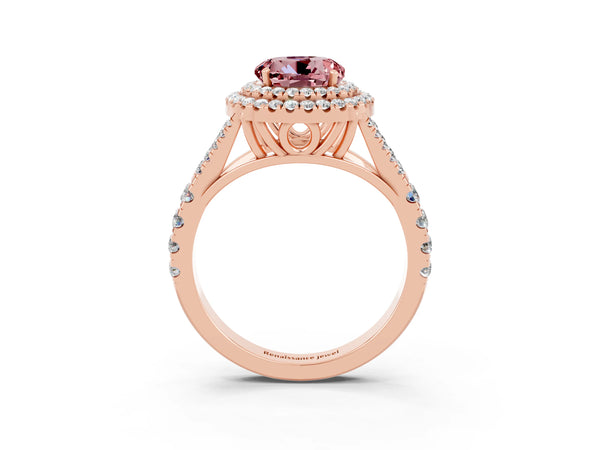 Rose gold Double Halo Round Cut Morganite Split Shank Engagement Ring with Four-Prong Setting