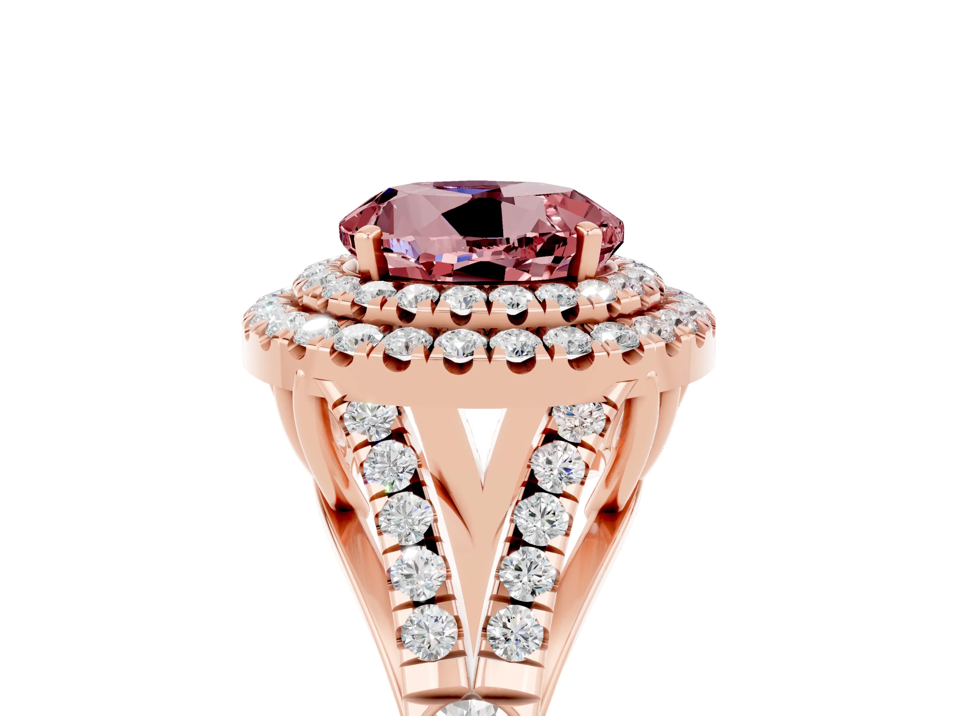 Rose gold Double Halo Round Cut Morganite Split Shank Engagement Ring with Four-Prong Setting_5