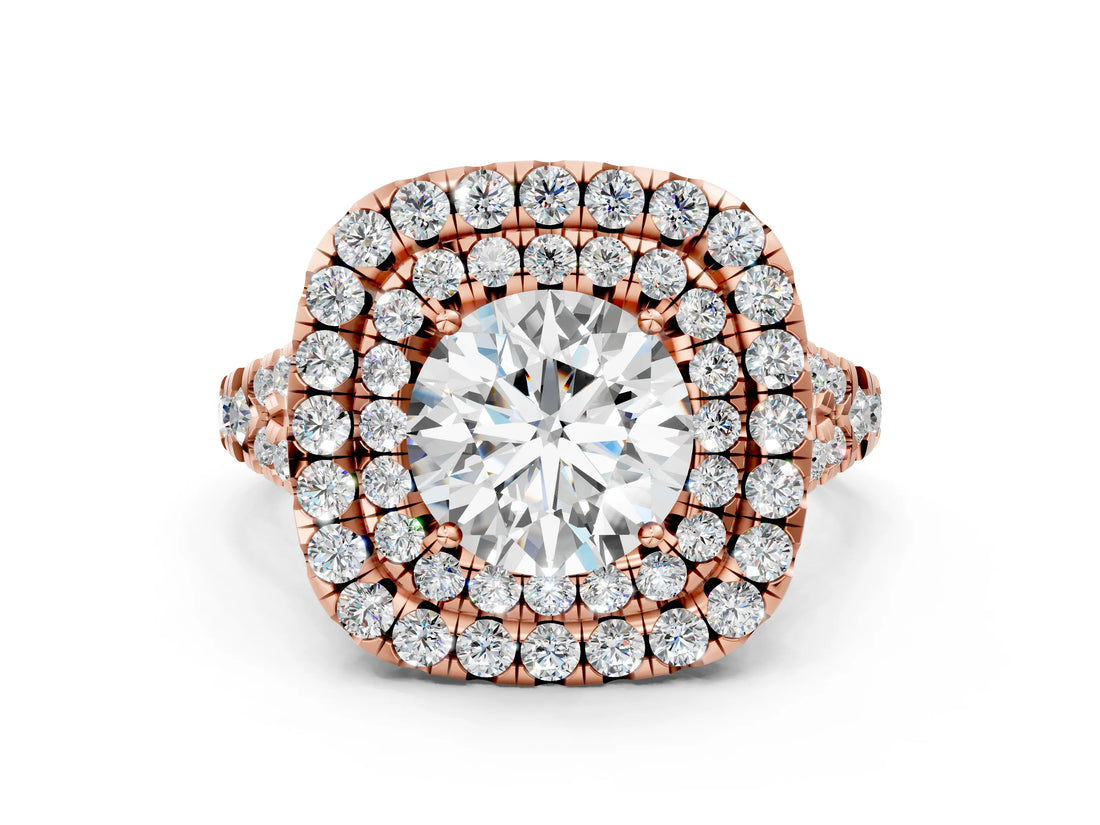 Rose gold Double Halo Round Cut Pave Split Shank Prong Set Ring_18