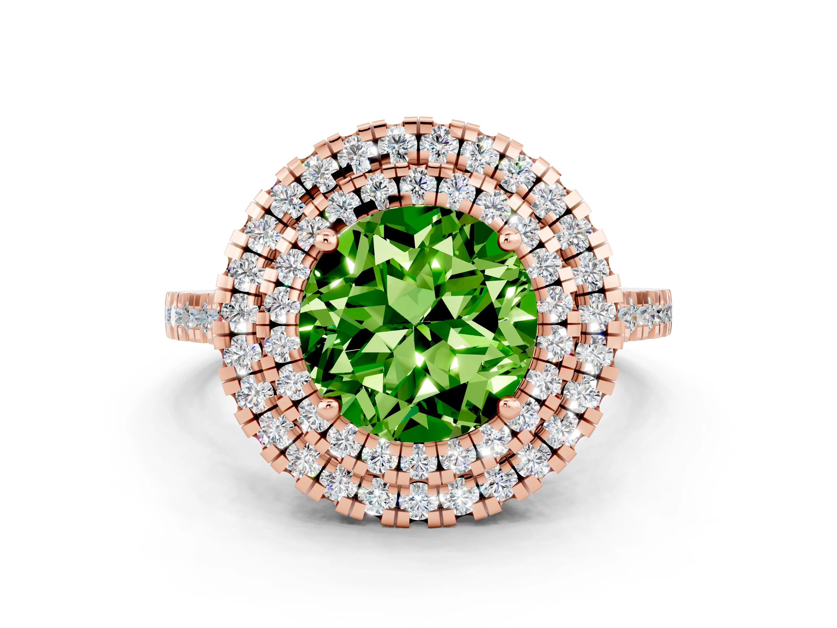 Rose gold Double Halo Round Cut Peridot Pavé Band with Four-Prong Setting