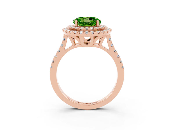 Rose gold Double Halo Round Cut Peridot Pavé Band with Four-Prong Setting