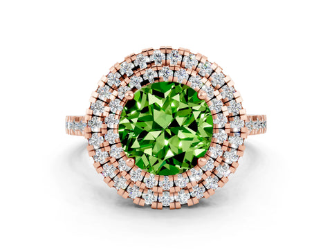 Rose gold Double Halo Round Cut Peridot Pavé Band with Four-Prong Setting