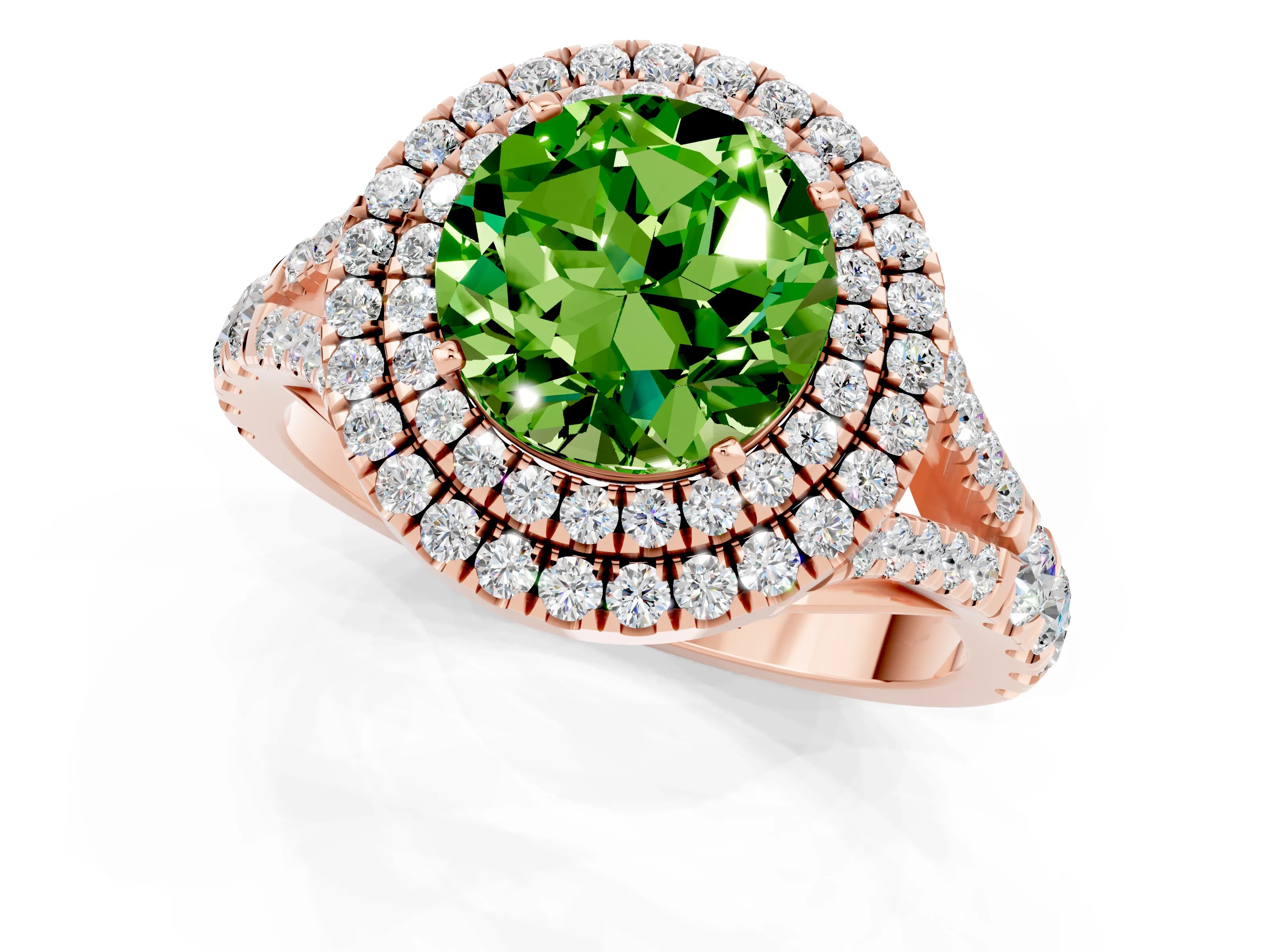 Rose gold Double Halo Round Cut Peridot Pavé Split Shank Ring with Prong Setting_1