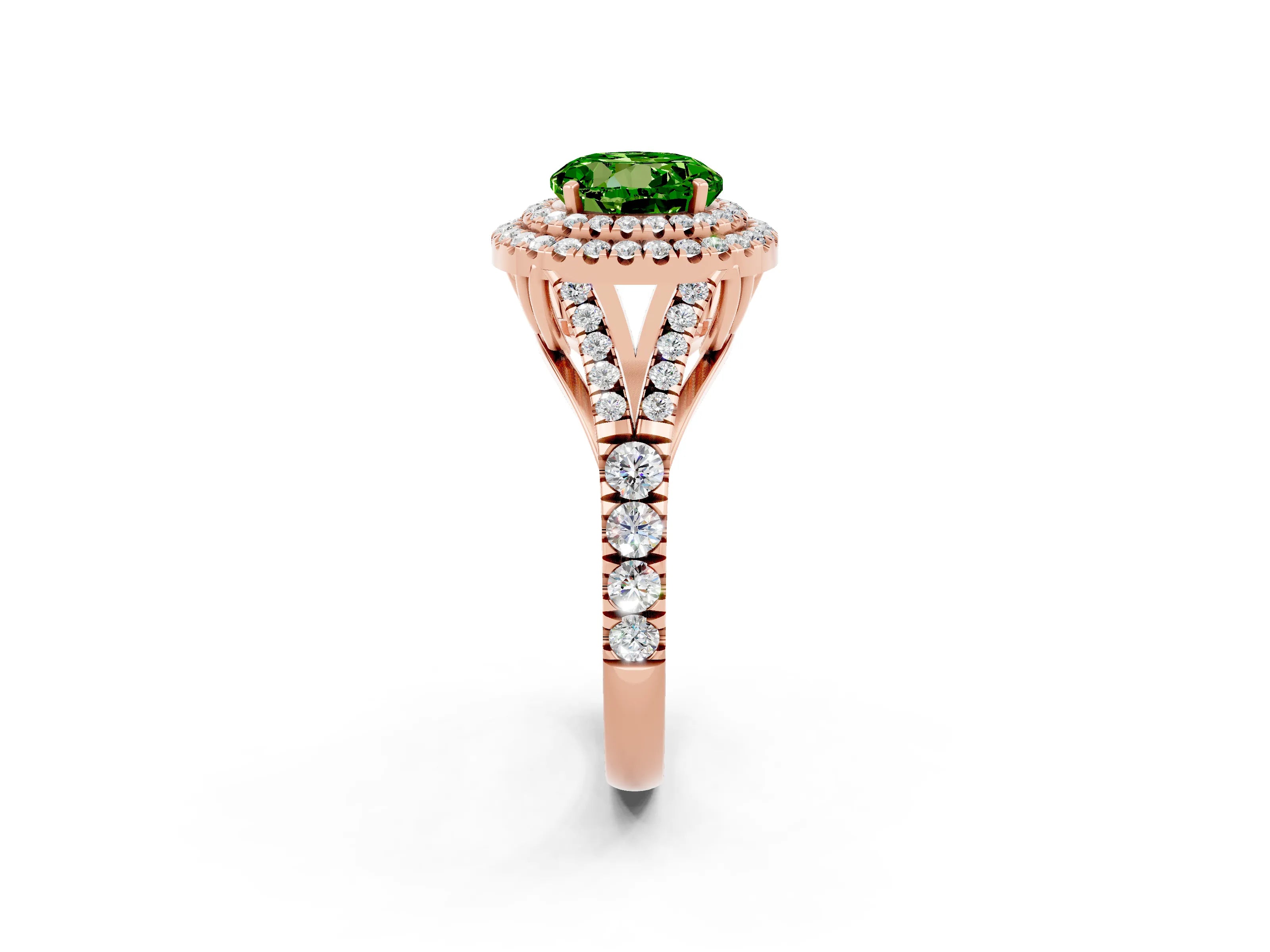 Rose gold Double Halo Round Cut Peridot Pavé Split Shank Ring with Prong Setting_2