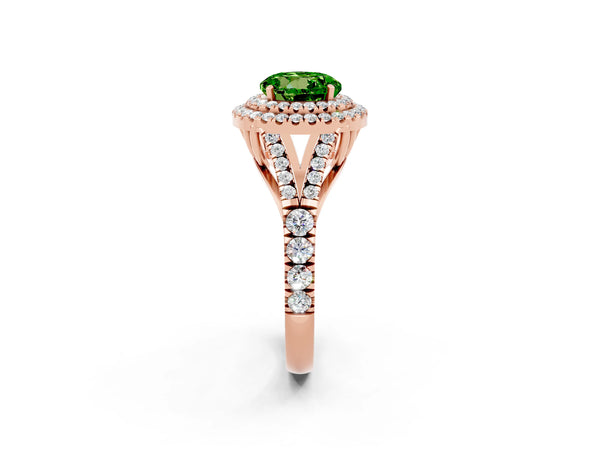 Rose gold Double Halo Round Cut Peridot Pavé Split Shank Ring with Prong Setting
