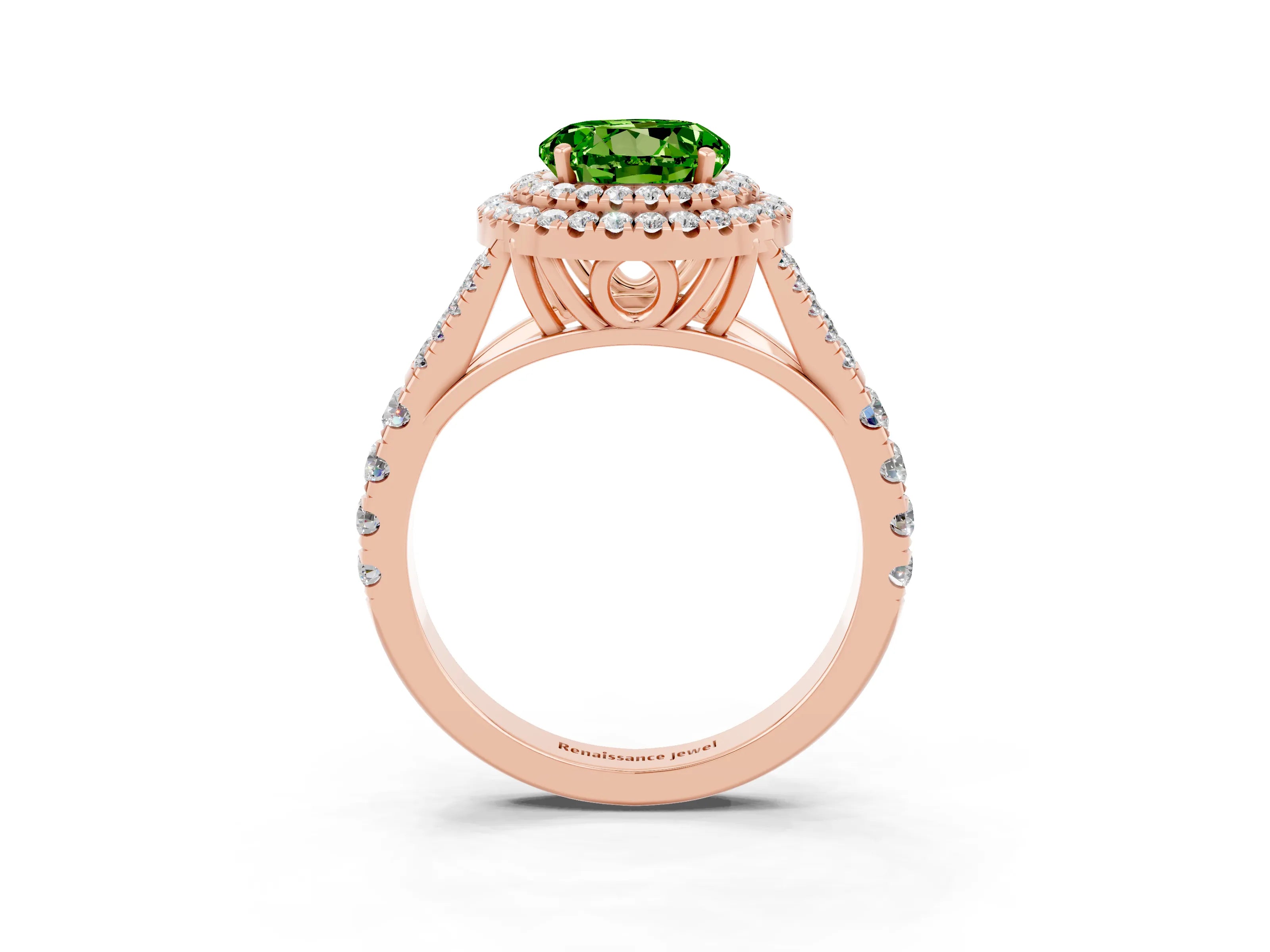 Rose gold Double Halo Round Cut Peridot Pavé Split Shank Ring with Prong Setting_3