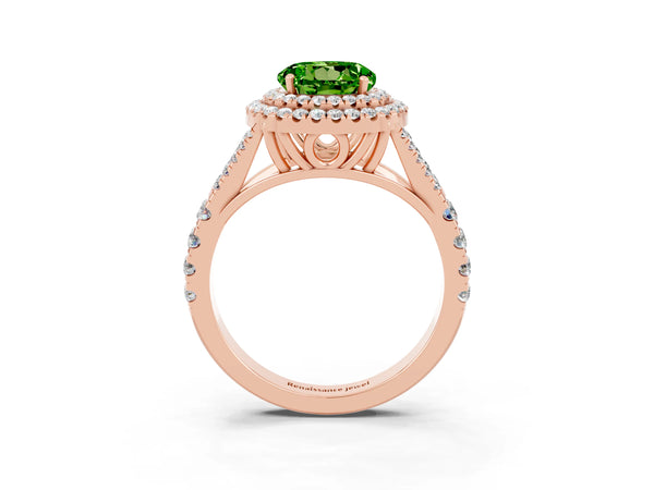 Rose gold Double Halo Round Cut Peridot Pavé Split Shank Ring with Prong Setting