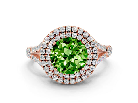 Rose gold Double Halo Round Cut Peridot Pavé Split Shank Ring with Prong Setting