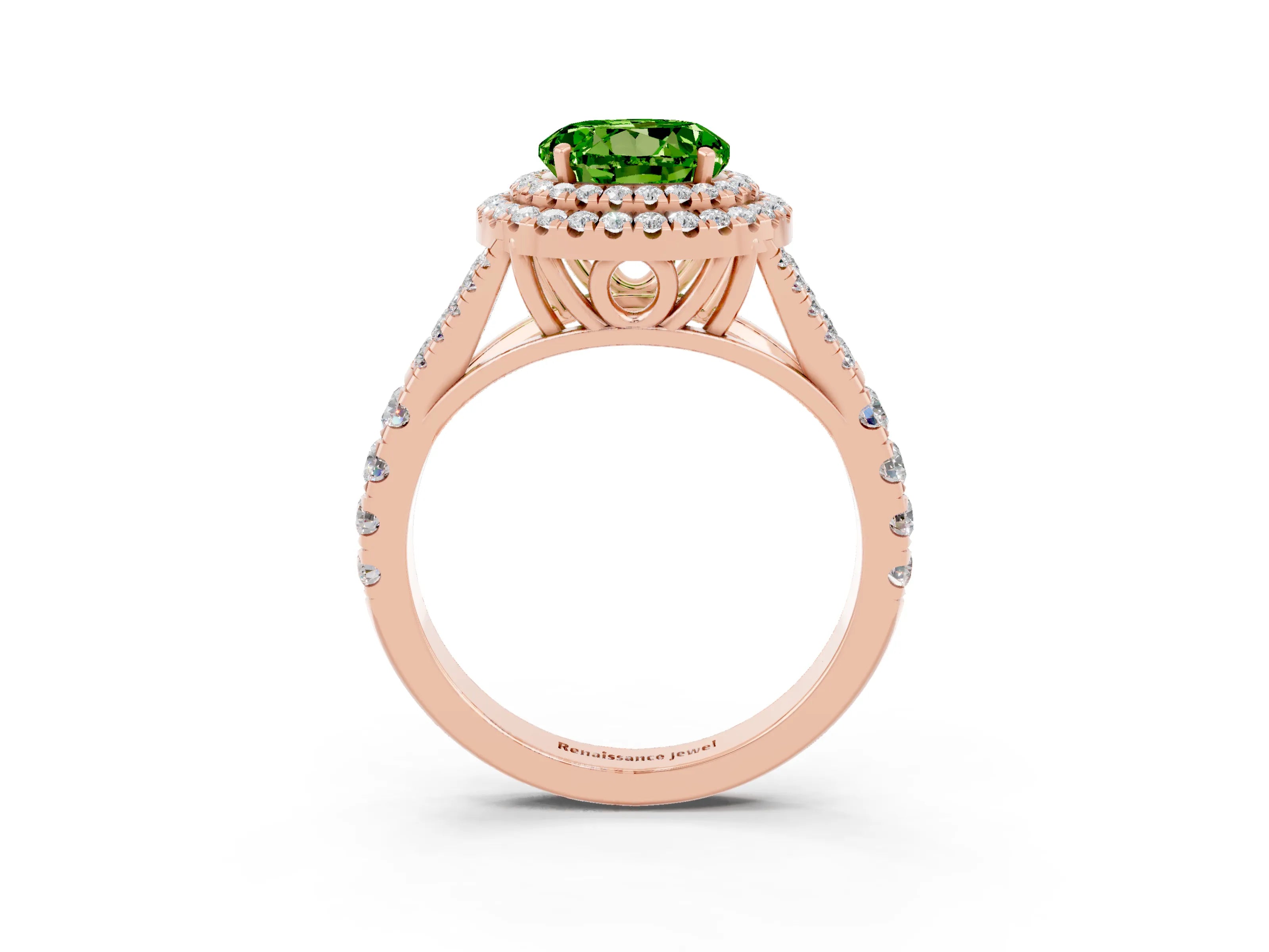 Rose gold Double Halo Round Cut Peridot Split Shank Engagement Ring with Four-Prong Setting_3