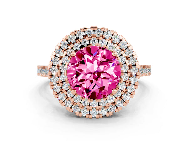 Rose gold Double Halo Round Cut Pink Sapphire Pavé Band with Four-Prong Setting