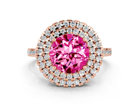 Rose gold Double Halo Round Cut Pink Sapphire Pavé Band with Four-Prong Setting_24