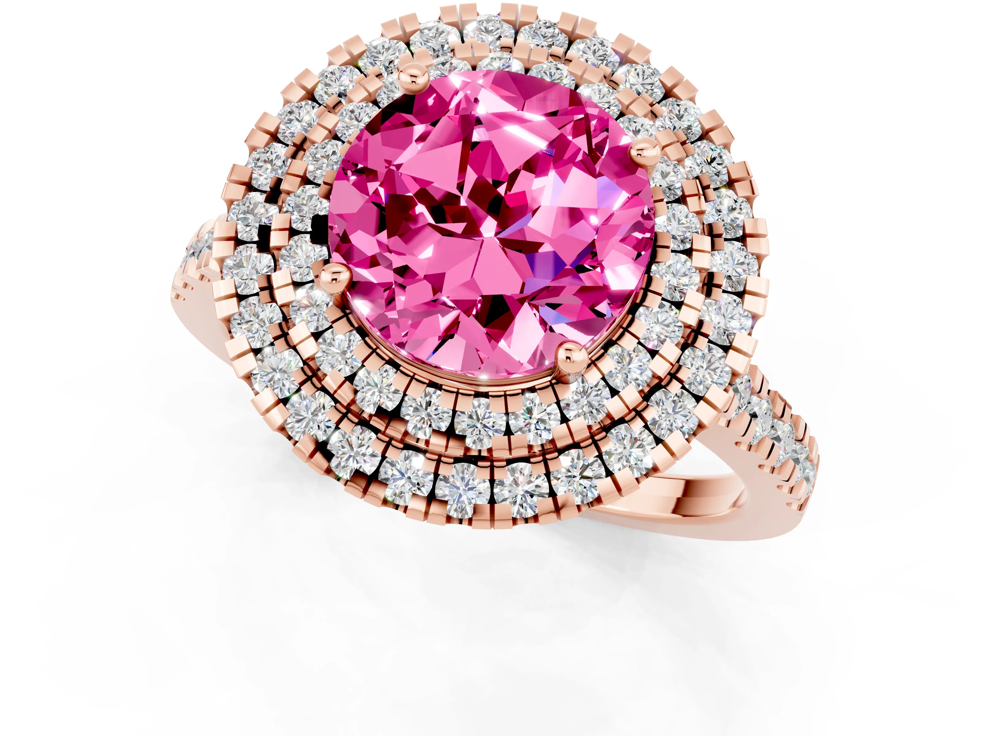 Rose gold Double Halo Round Cut Pink Sapphire Pavé Band with Four-Prong Setting_25