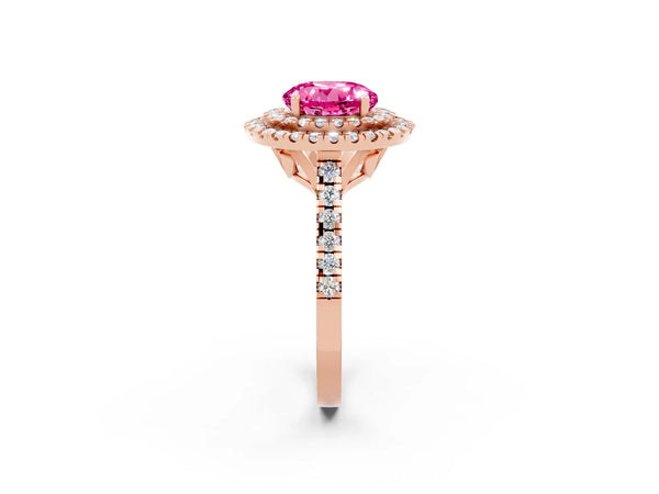 Rose gold Double Halo Round Cut Pink Sapphire Pavé Band with Four-Prong Setting