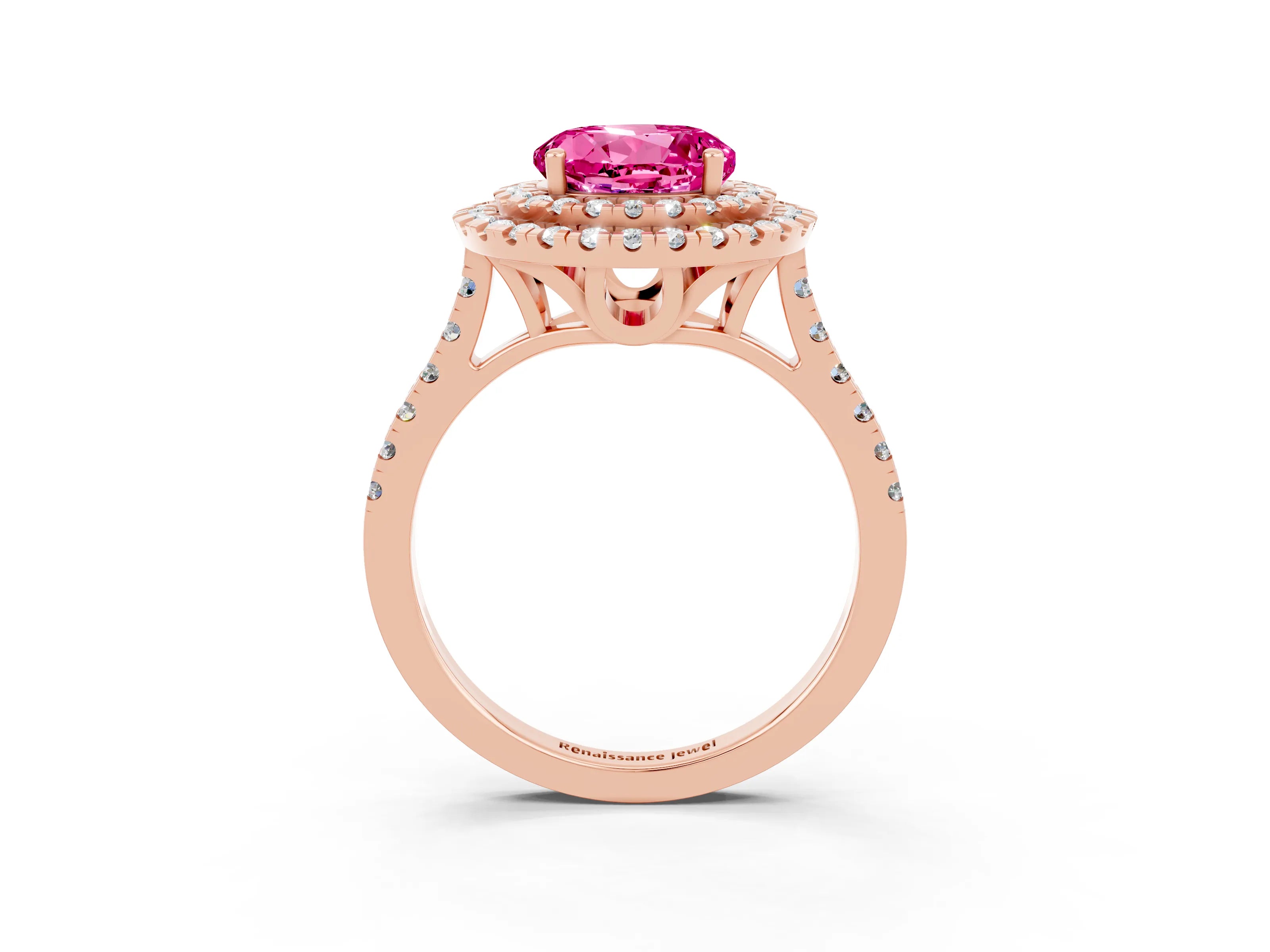 Rose gold Double Halo Round Cut Pink Sapphire Pavé Band with Four-Prong Setting_27