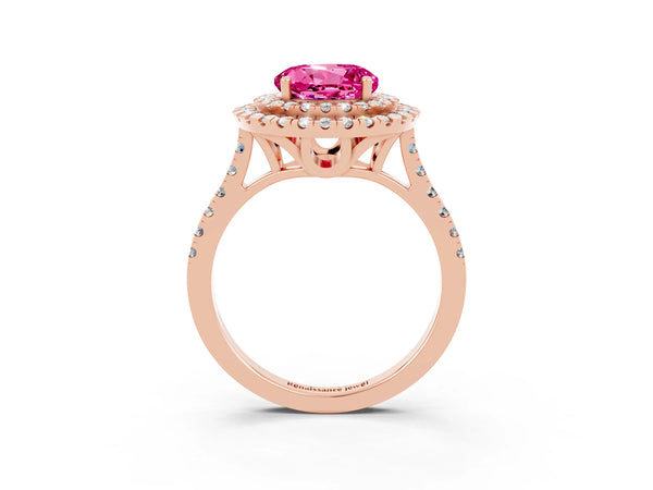 Rose gold Double Halo Round Cut Pink Sapphire Pavé Band with Four-Prong Setting