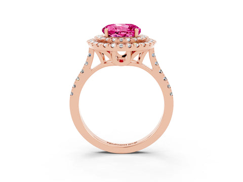 Rose gold Double Halo Round Cut Pink Sapphire Pavé Band with Four-Prong Setting_27