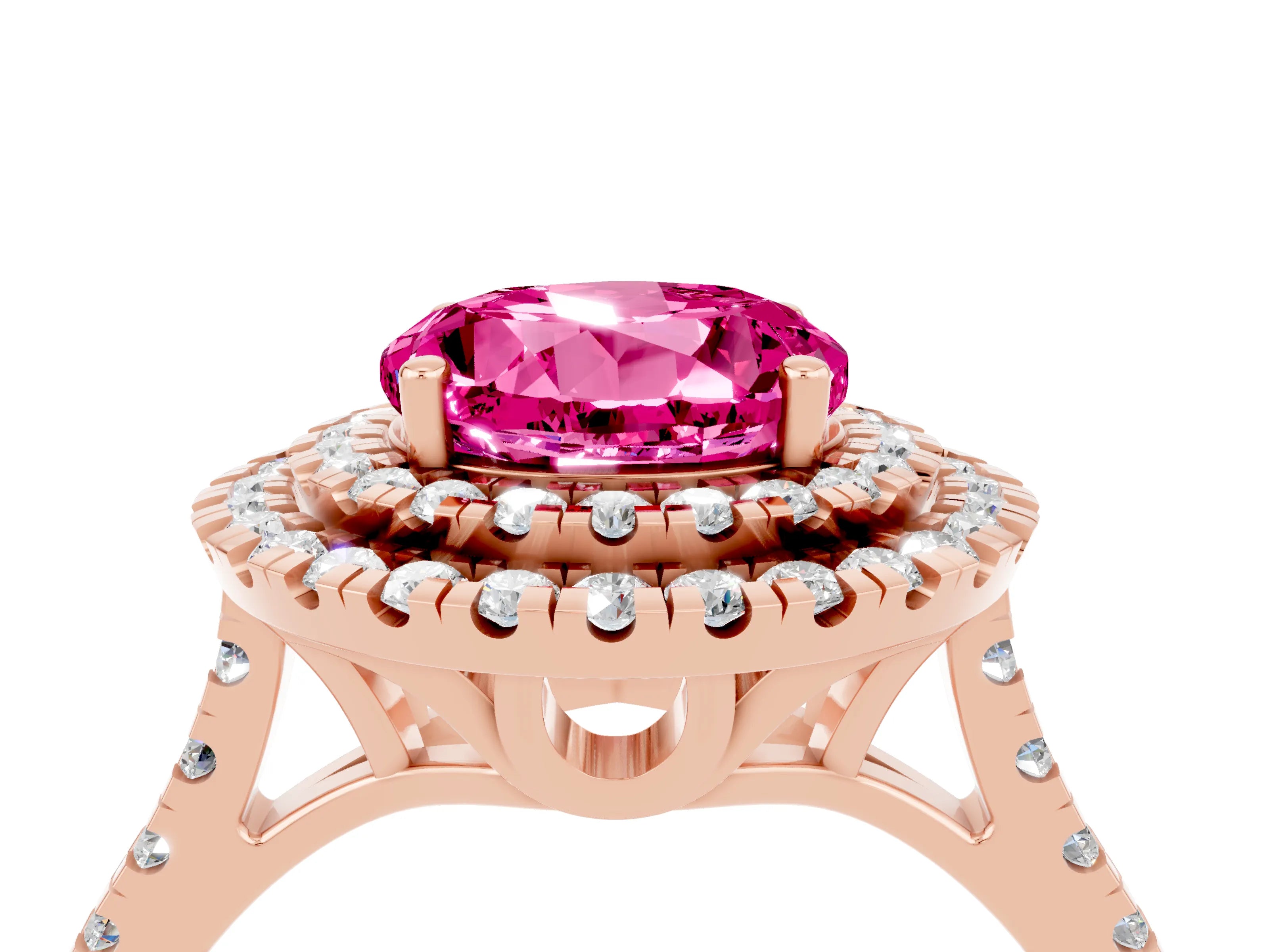 Rose gold Double Halo Round Cut Pink Sapphire Pavé Band with Four-Prong Setting_28