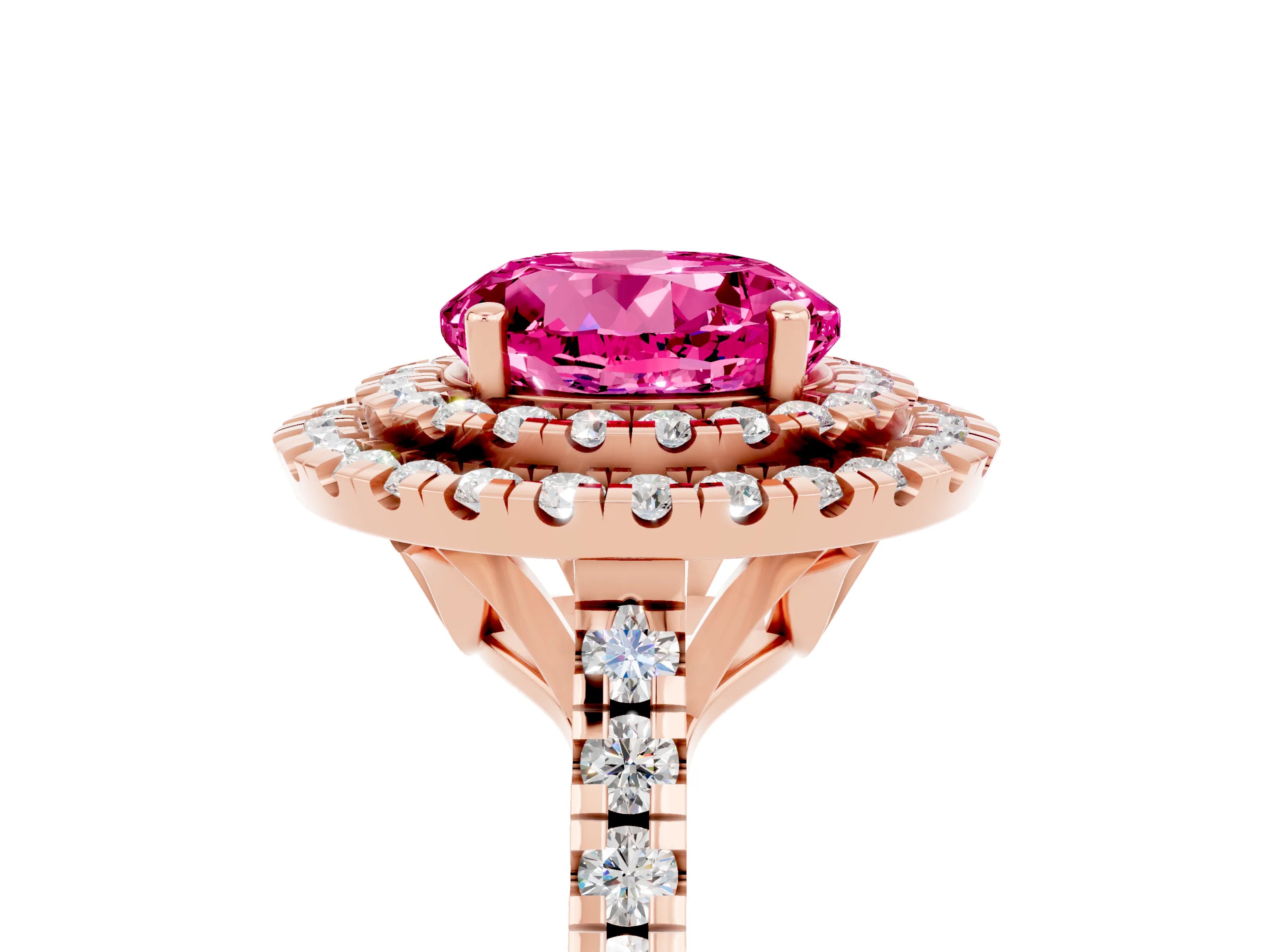 Rose gold Double Halo Round Cut Pink Sapphire Pavé Band with Four-Prong Setting_29