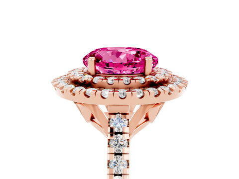 Rose gold Double Halo Round Cut Pink Sapphire Pavé Band with Four-Prong Setting_29