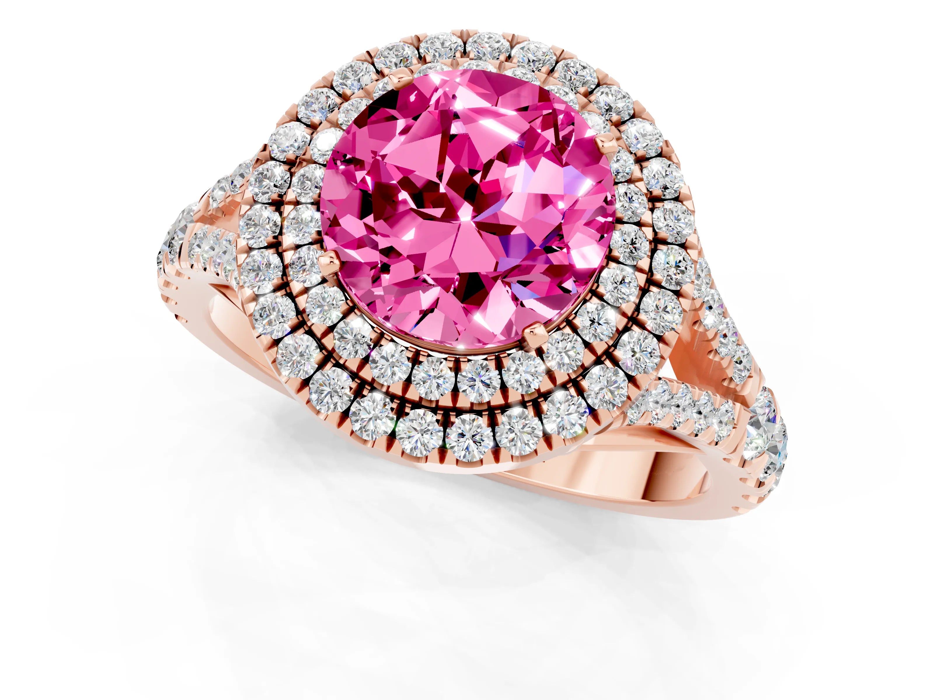 Rose gold Double Halo Round Cut Pink Sapphire Pavé Split Shank Ring with Prong Setting_1