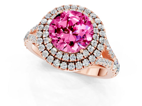 Rose gold Double Halo Round Cut Pink Sapphire Pavé Split Shank Ring with Prong Setting_1
