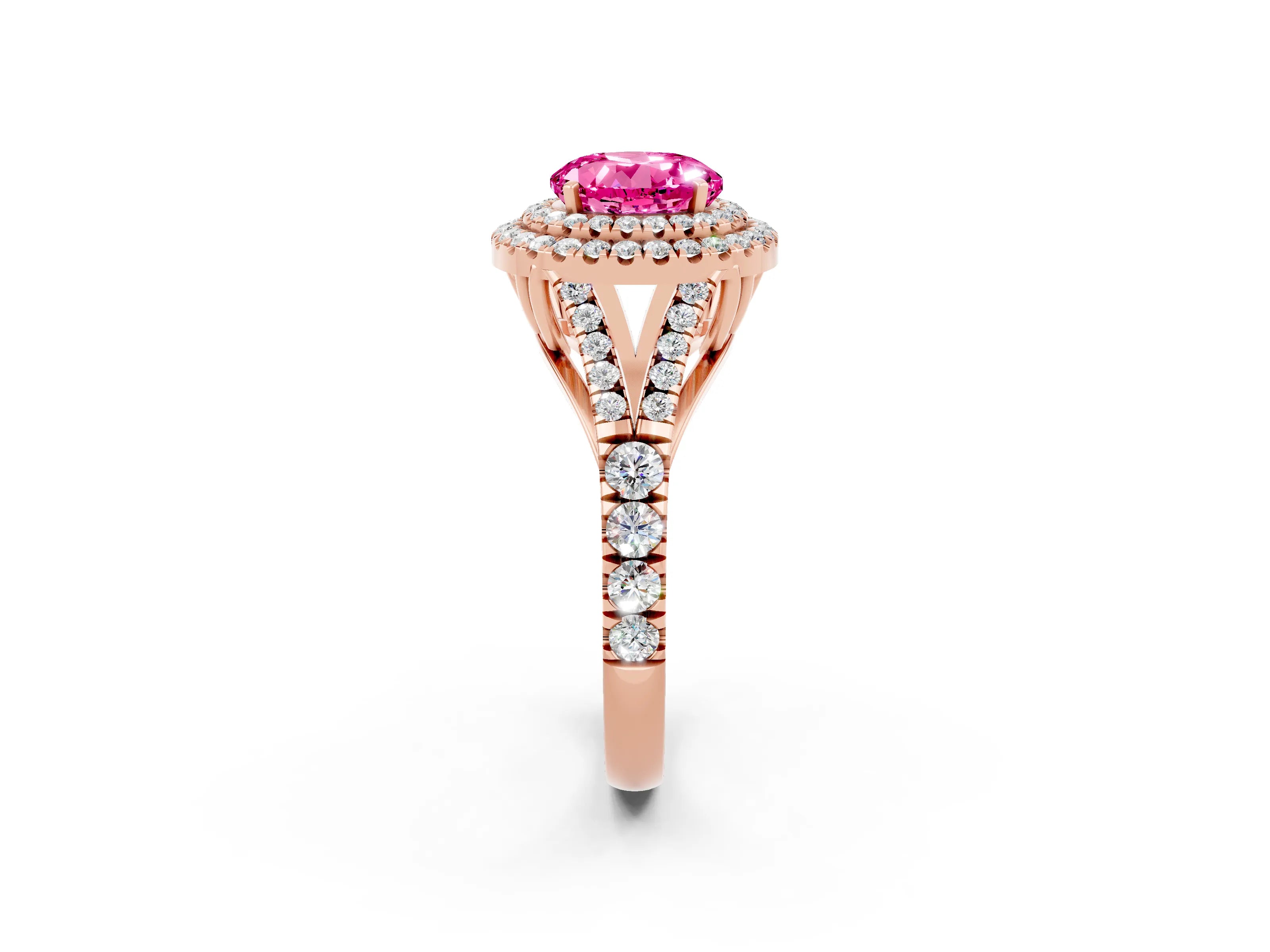 Rose gold Double Halo Round Cut Pink Sapphire Pavé Split Shank Ring with Prong Setting_2