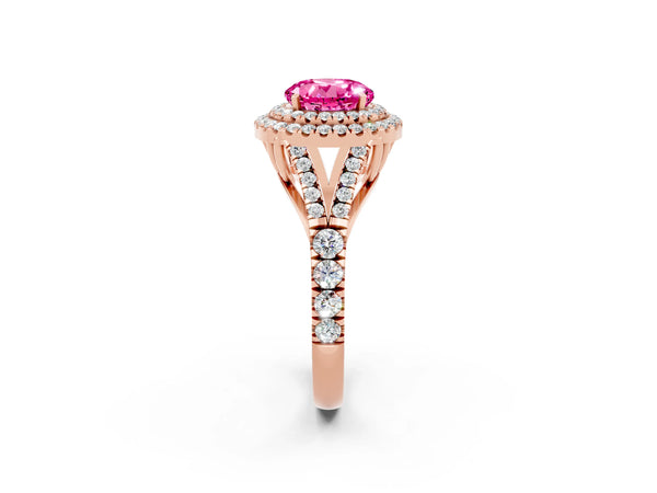 Rose gold Double Halo Round Cut Pink Sapphire Pavé Split Shank Ring with Prong Setting