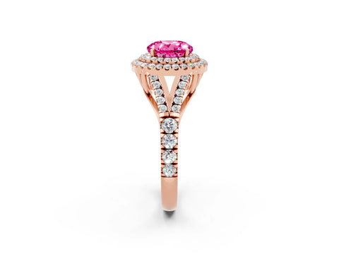 Rose gold Double Halo Round Cut Pink Sapphire Pavé Split Shank Ring with Prong Setting_2
