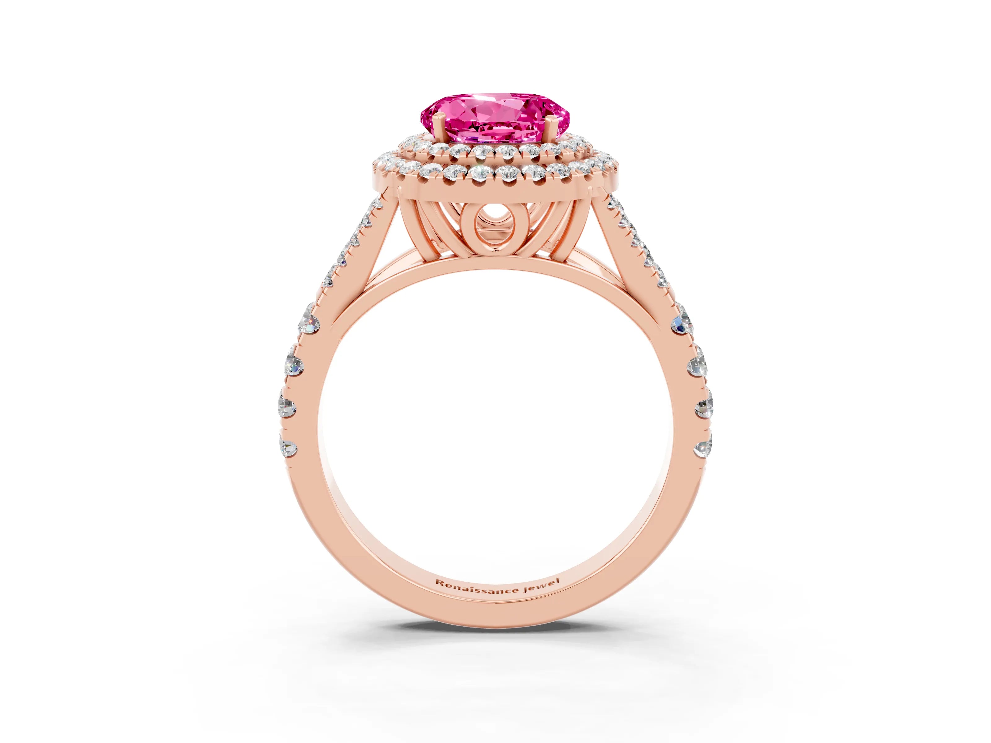 Rose gold Double Halo Round Cut Pink Sapphire Pavé Split Shank Ring with Prong Setting_3