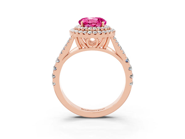Rose gold Double Halo Round Cut Pink Sapphire Pavé Split Shank Ring with Prong Setting