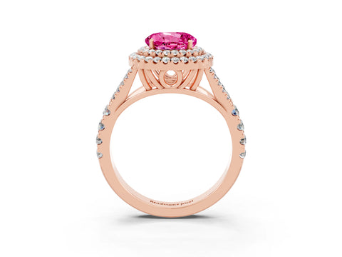 Rose gold Double Halo Round Cut Pink Sapphire Pavé Split Shank Ring with Prong Setting_3