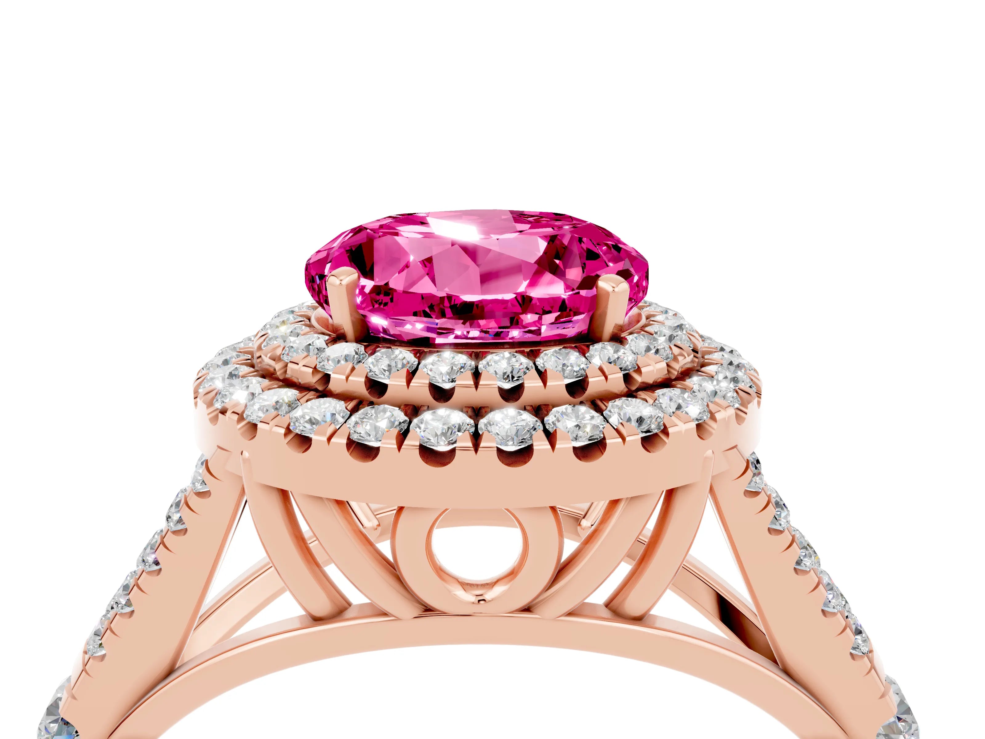 Rose gold Double Halo Round Cut Pink Sapphire Pavé Split Shank Ring with Prong Setting_4