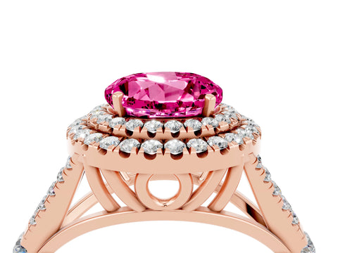 Rose gold Double Halo Round Cut Pink Sapphire Pavé Split Shank Ring with Prong Setting_4