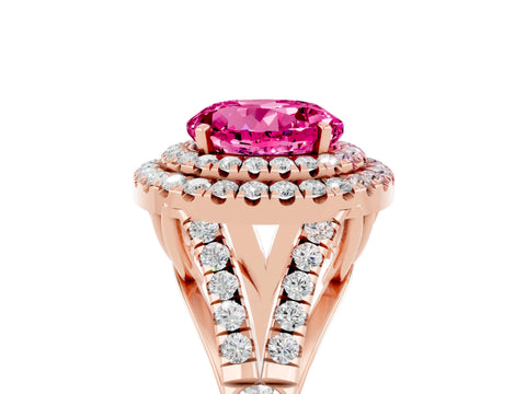 Rose gold Double Halo Round Cut Pink Sapphire Pavé Split Shank Ring with Prong Setting_5